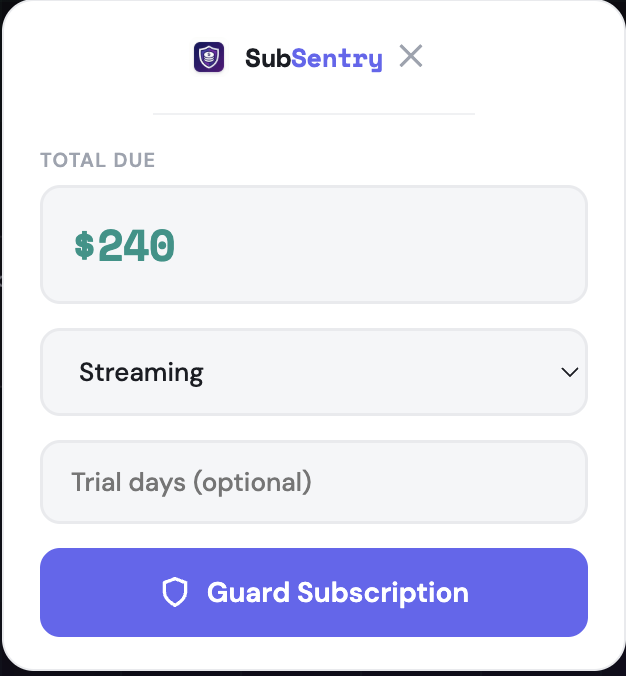 SubSentry Extension Popup